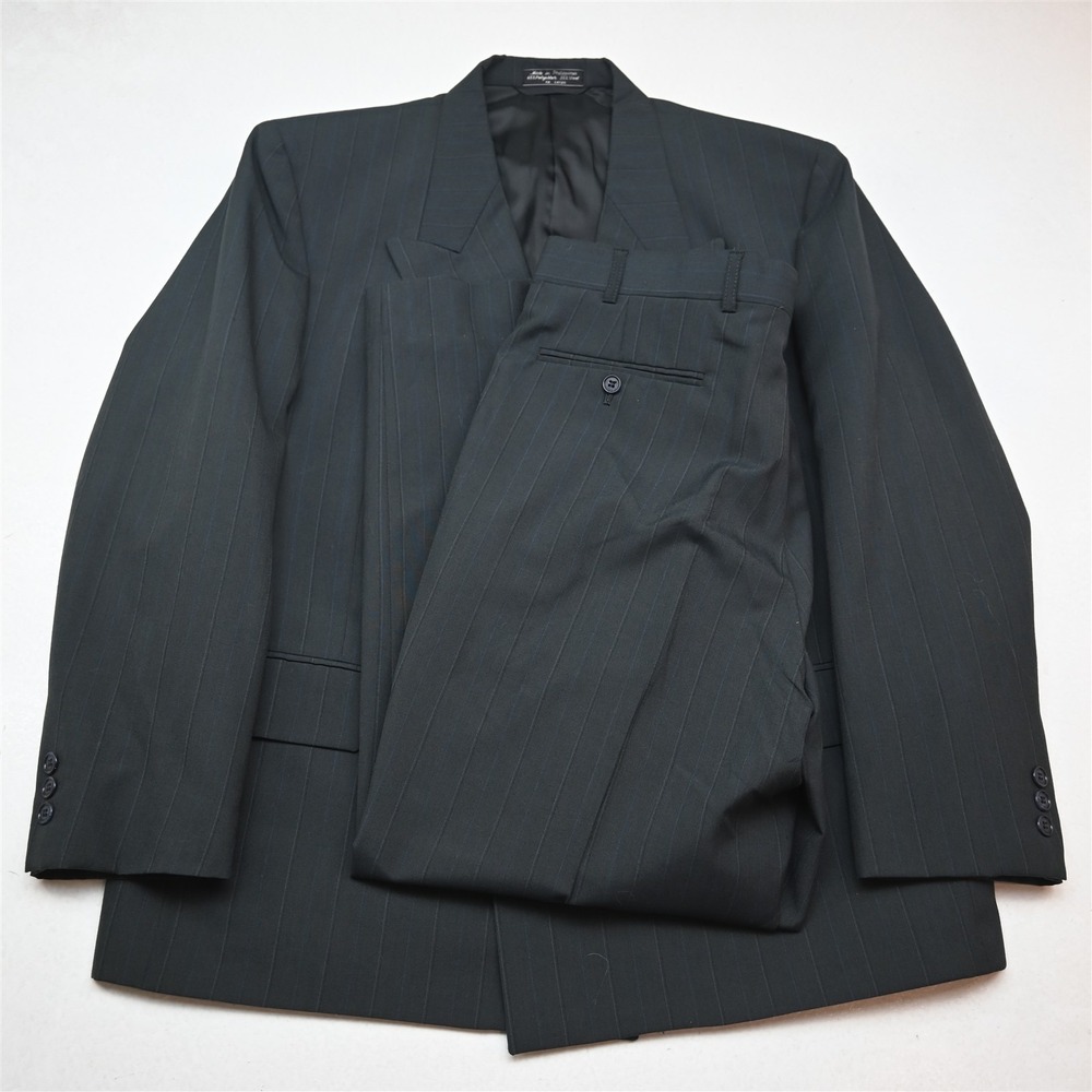 Vtg Mens‎ Double Breasted 44S 36x30 Green Striped Wool Mens Jacket Pants Suit